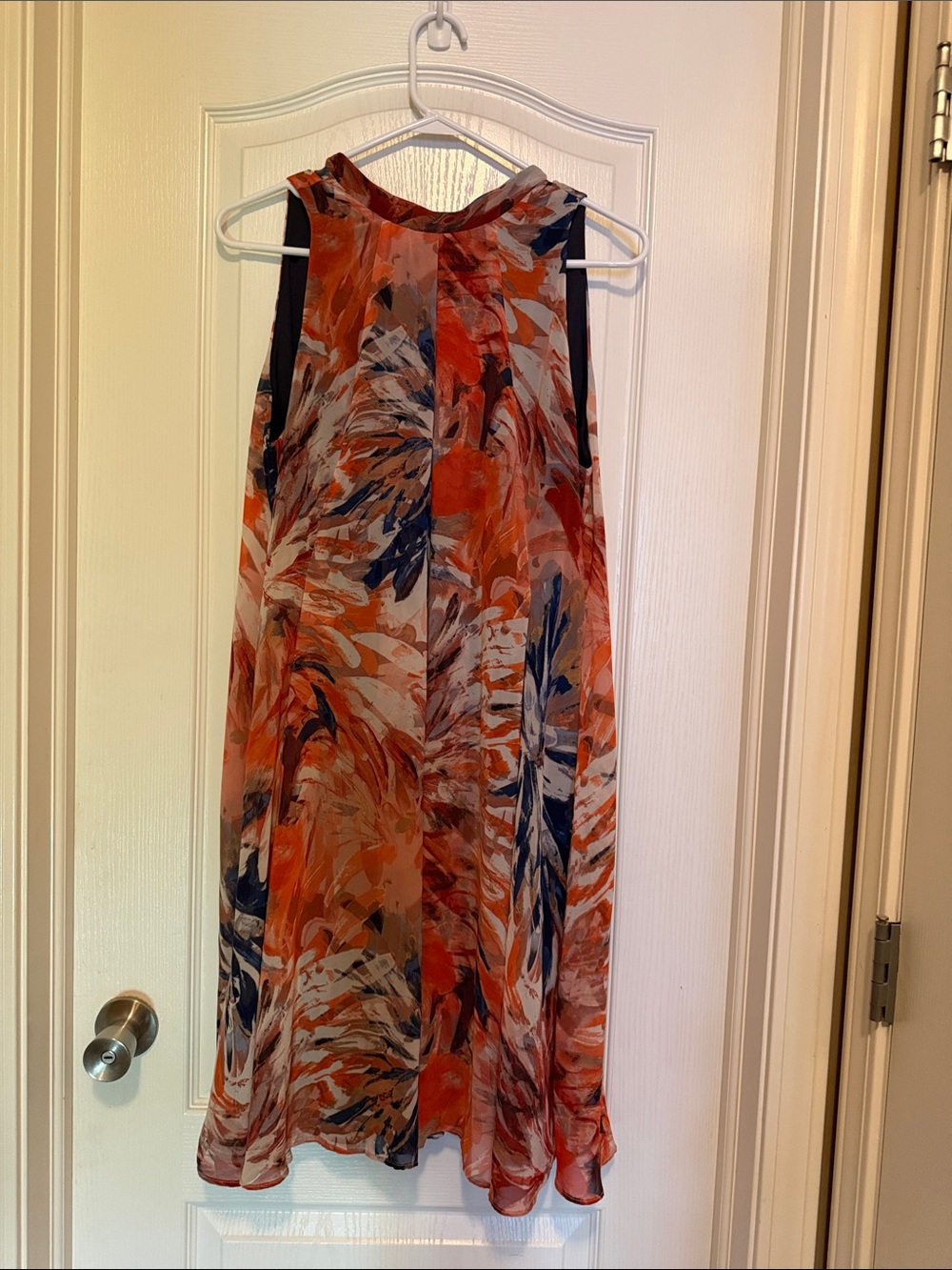 Signature by Robbie Bee Orange and Navy Abstract Midi Dress